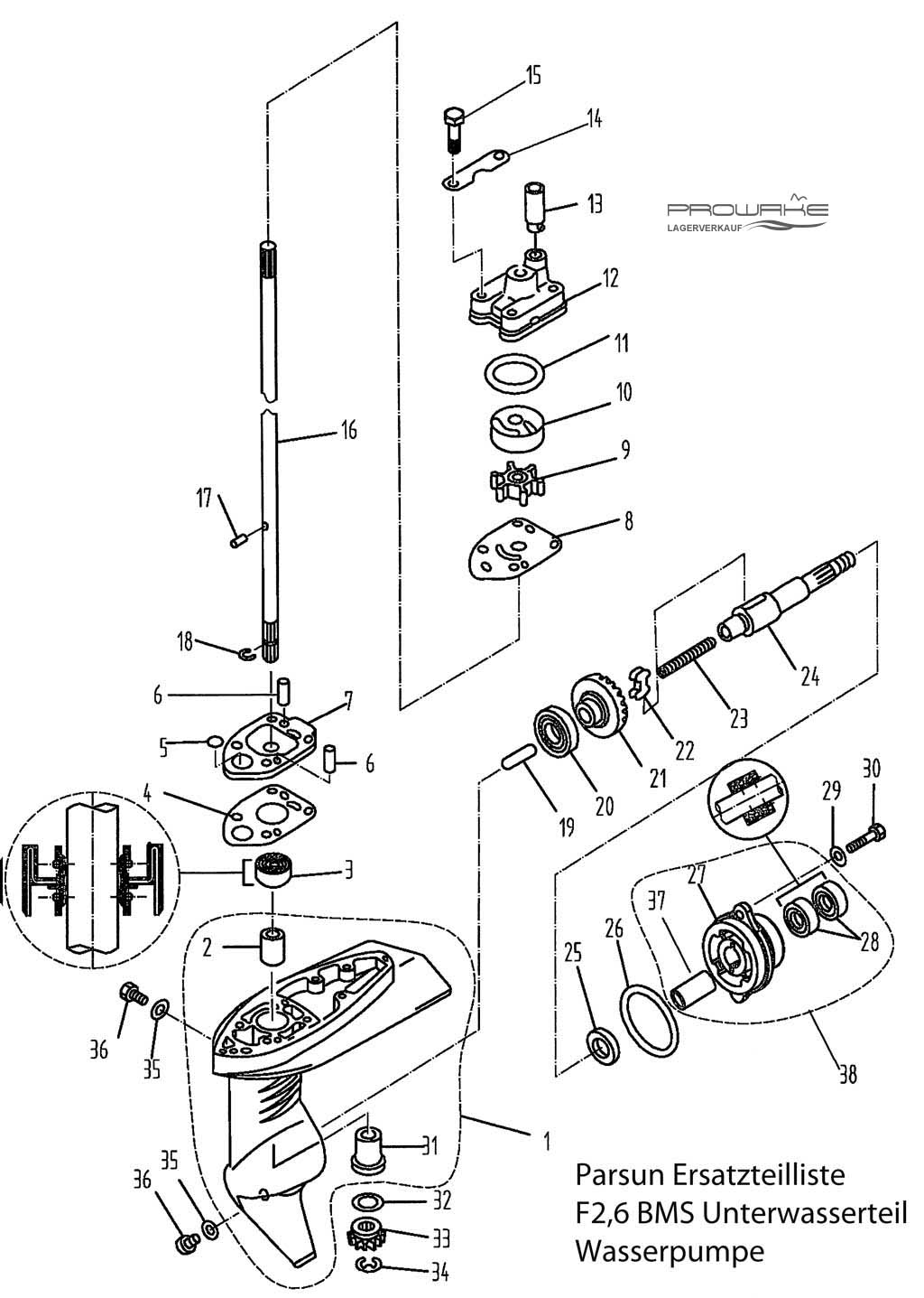 Parsun F2.6  Ersatzteile / Spare Parts: Unterwasserteil Wasserpumpe