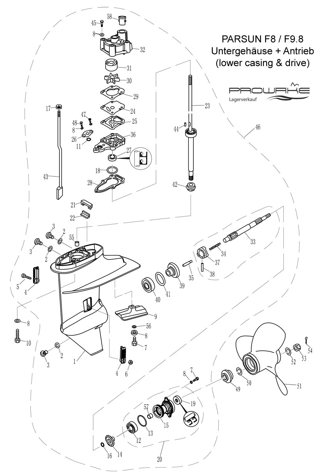 Parsun F9.8  Ersatzteile / Spare Parts: Untergehäuse+Antrieb