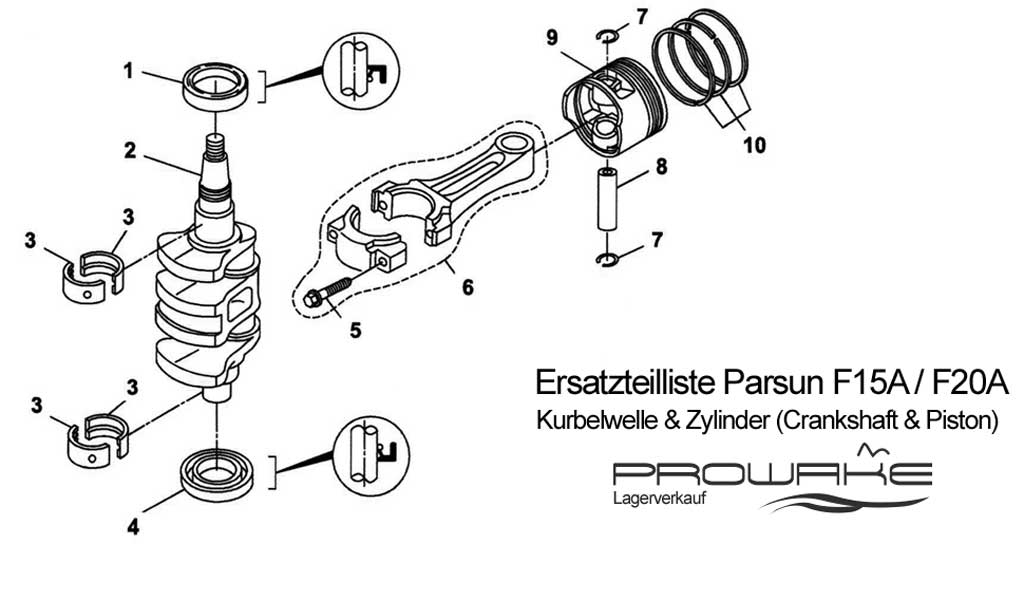 Parsun F15 (A) Ersatzteile / Spare Parts: Kurbelwelle + Kolben
