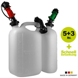 YERD Set-Preis: Original Hünersdorff Doppel-Kanister / Kombi-Kanister 5+3 Liter + 2 Auto-Füllsystem für Benzin & Öl,  Made in Germany