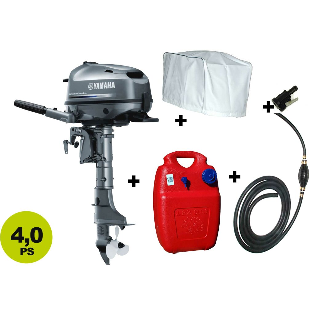 Set Angebot: Yamaha 4PS Außenbordmotor F4 BMHS + Kraftstofftank + Kraftstoffanschluss + Schlauch mit Pumpball + Motorabdeckung, Versand kostenlos*