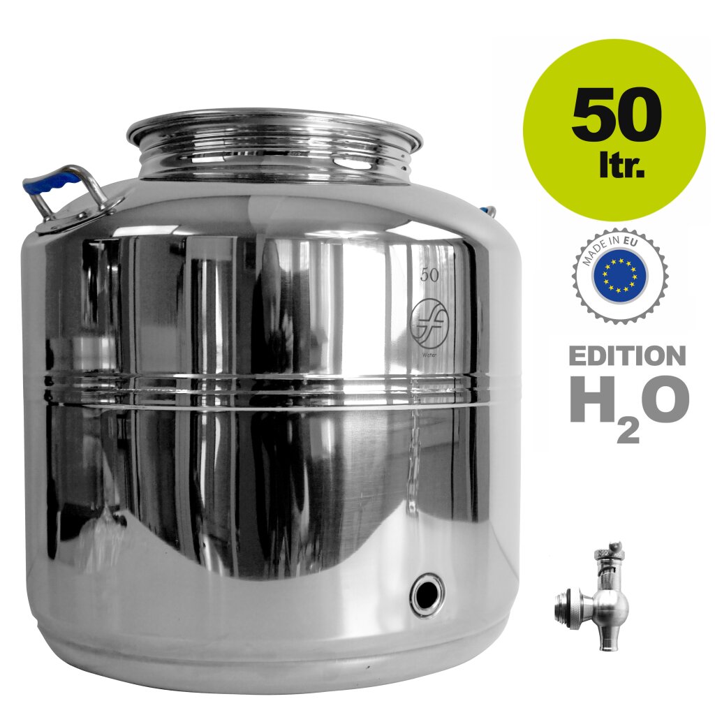 Fischer Edelstahlkanne POLISHLINE Wasser-Edition H2O, 50 Liter Inhalt, Getränkefass speziell für Trinkwasser-Lagerung, INKL. speziellem V4A Edelstahlhahn