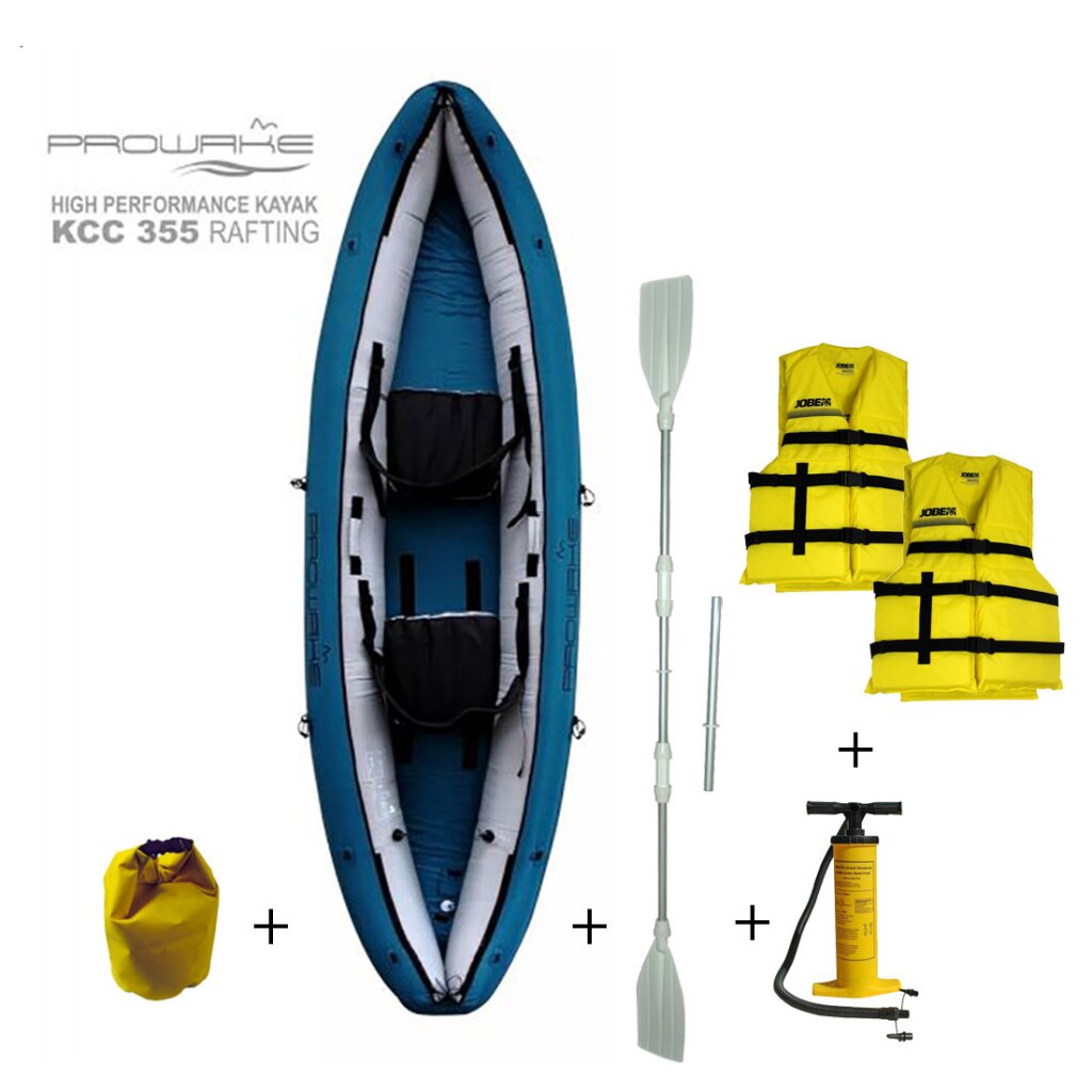 (AUSVERKAUFT) Prowake KCC355 Kajak Komplett-Set1: 1xProwake KCC355, 1xHandpumpe, 1xWasserdichte Tasche,2x Aluminiumdoppelpaddel, 2x Jobe Universal Schwimmweste